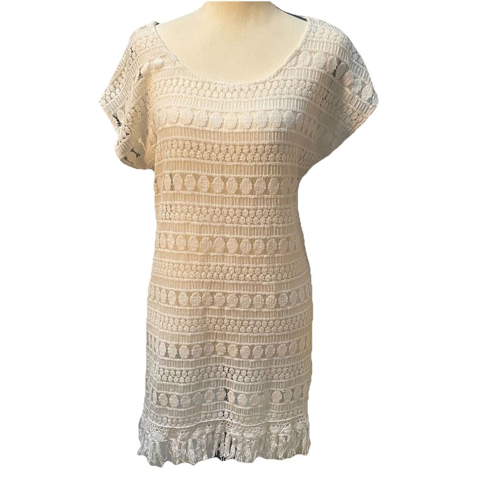 Boho Crochet Granny Square Fringe Swim Cover Up Festival Dress Med White Beach
